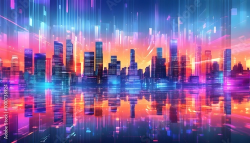 Futuristic holographic skyline showcasing innovative business office buildings