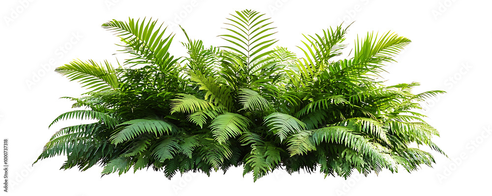 A lush tropical fern bush with dense green fronds, isolated on a white background A lush tropical fern bush with dense green fronds, isolated on a white background