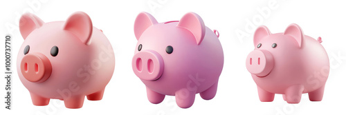 Three Pink Piggy Banks isolated on transparent background.