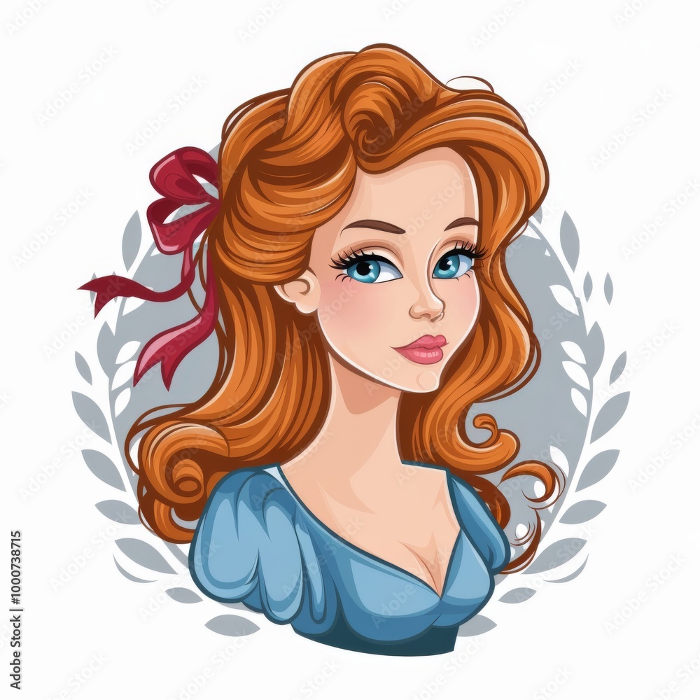 Cartoon portrait of beautiful woman with ginger hair watercolor illustration on white background Cartoon portrait of beautiful woman with ginger hair watercolor illustration on white background