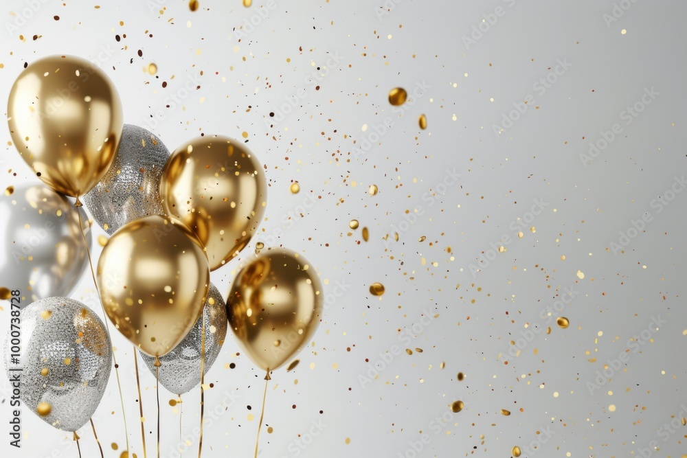Gold and Silver Balloons with Lights on White Background, Festive and Elegant Celebration
Gold and Silver Balloons with Lights on White Background, Festive and Elegant Celebration