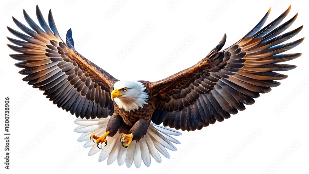 Soaring Eagle on White Background. Powerful Eagle in Flight. Eagle Isolated on Plain Background. Soaring Eagle on White Background. Powerful Eagle in Flight. Eagle Isolated on Plain Background.