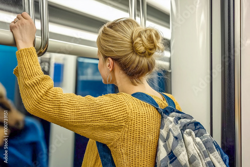 attractive woman in the metro, standing and holding hand on reling in the metro, she wears a city bagpack photo