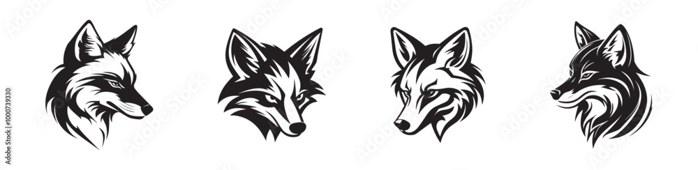 custom made wallpaper toronto digitalBlack silhouette of fox heads isolated on a white background. Concept of wild animal illustration, detailed wolf design, hand-drawn style, and tribal art. Print, tattoo, icon, design elements. Set