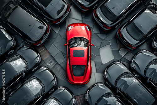 An AI generative image of isolated read car surrounded by black car.