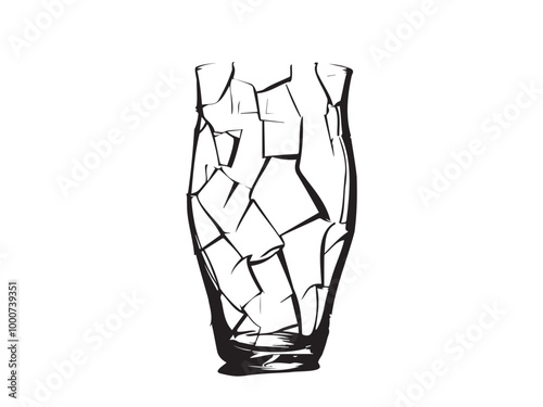 Broken glass vase isolated on a white background. Concept of shattered, abstract design, broken objects, artistic element. Print, icon, design element, texture, black silhouette