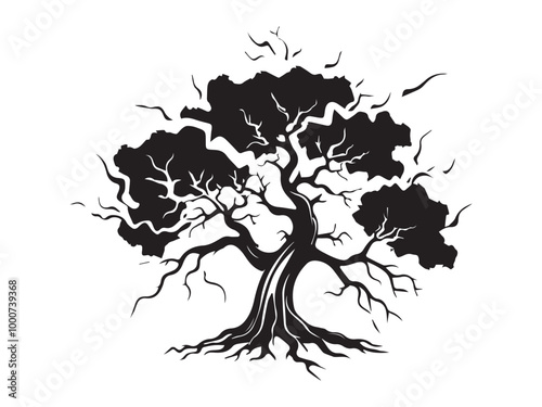 Black silhouette of an ancient tree isolated on a white background. Concept of nature illustration, majestic tree, minimalist art, old growth tree. Print, icon, design element