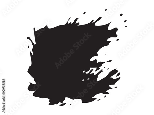 Abstract black ink blot silhouette isolated on a white background. Concept of ink splatter, chaotic paint splash, artistic stain, minimalist design element