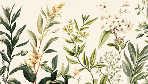 Hand-drawn vintage illustrations of different plant species, paired with soft, muted colors for a calming and artistic vibe