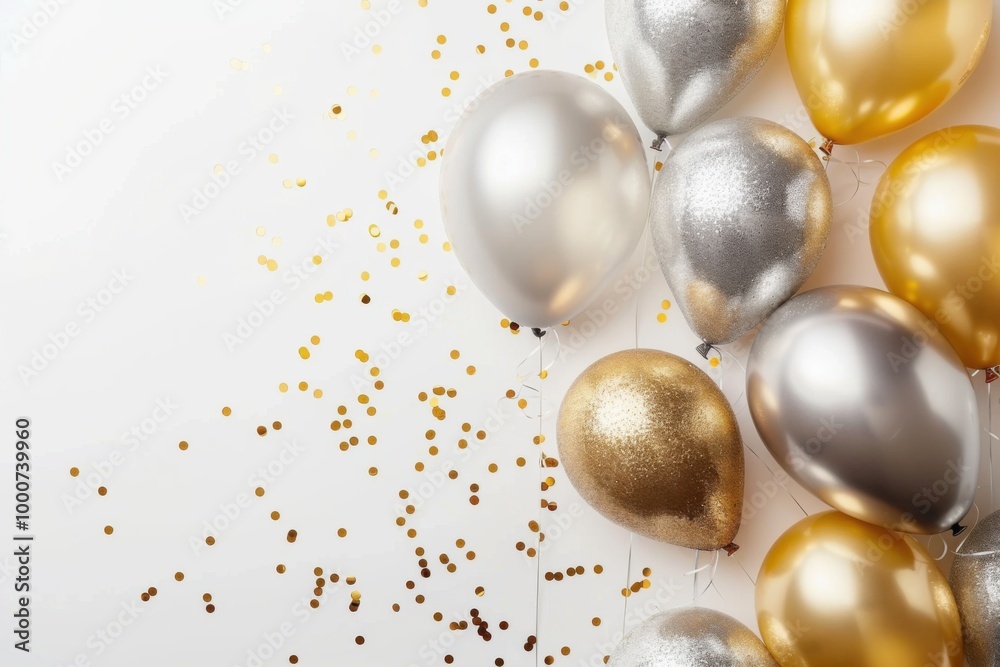 Gold and Silver Balloons with Lights on White Background, Festive and Elegant Celebration
Gold and Silver Balloons with Lights on White Background, Festive and Elegant Celebration