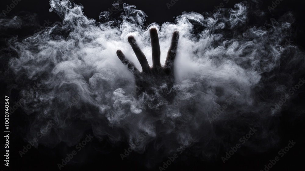 A hand reaching out through misty smoke on a dark background. A hand reaching out through misty smoke on a dark background.
