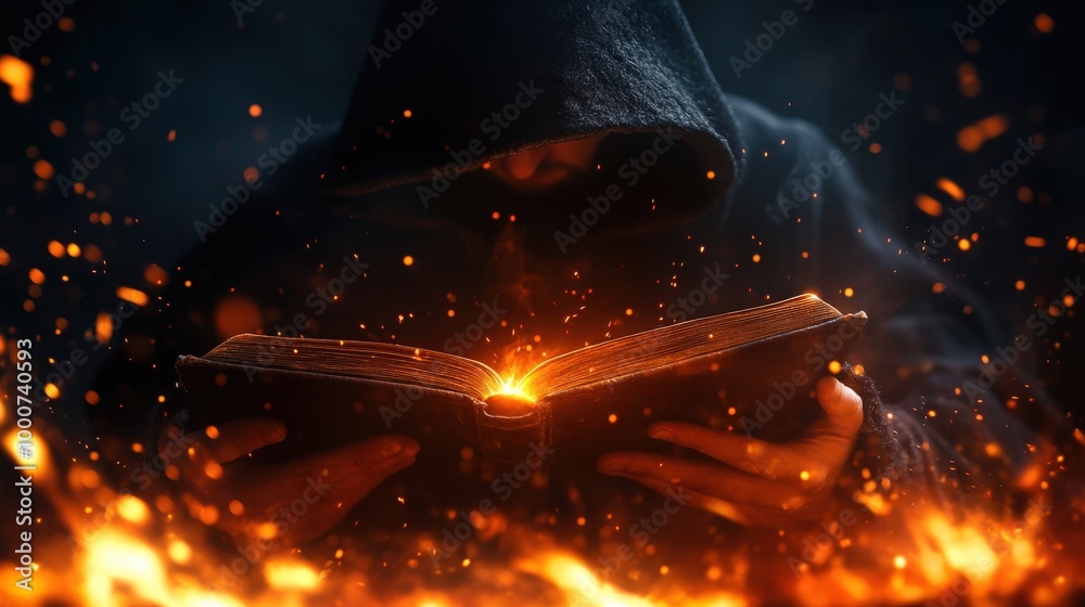 A mysterious figure reading a glowing book amidst swirling flames.