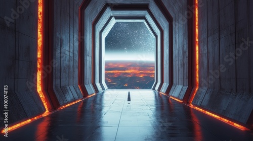 Futuristic Sci-Fi Corridor, intricately designed with advanced technology, glowing elements, and a sleek, immersive atmosphere. photo