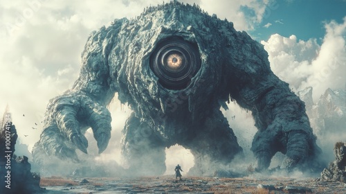 Giant Cyclops Illustration, a bold and imaginative depiction of a colossal one-eyed creature in a fantastical landscape, showcasing vibrant colors and intricate details.
