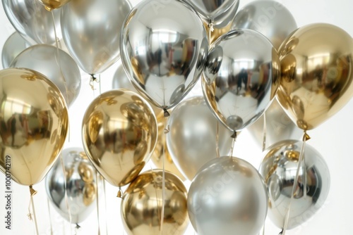 Gold and Silver Balloons with Lights on White Background, Festive and Elegant Celebration