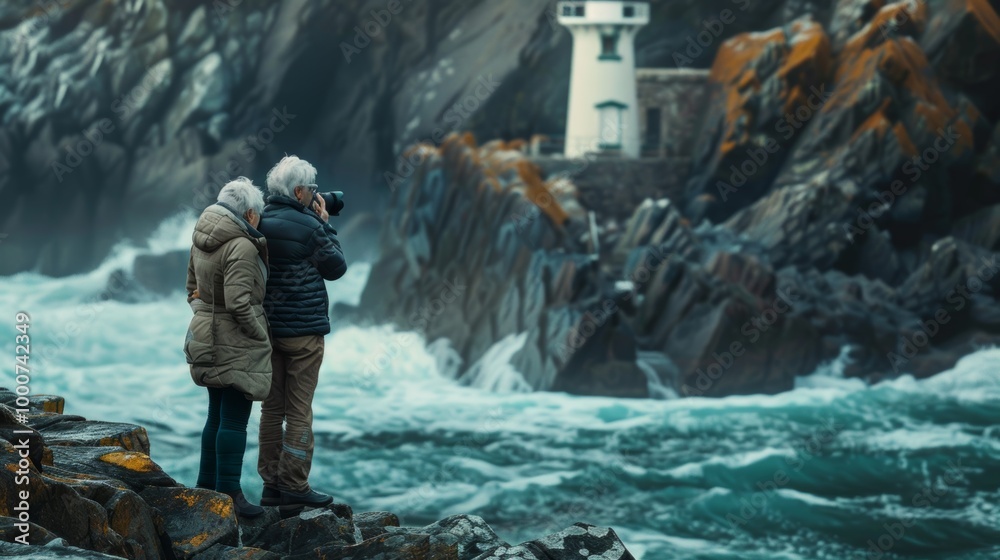A photograph of an elderly couple visiting a lighthouse on a rocky coast, with waves crashing against the shore. Ultra detailed A photograph of an elderly couple visiting a lighthouse on a rocky coast, with waves crashing against the shore. Ultra detailed