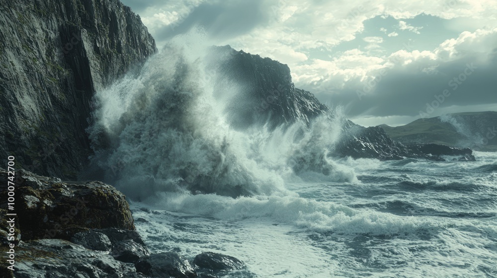 Majestic Power of Nature: Dramatic Tsunami Waves Crashing on Rocky Coastline Majestic Power of Nature: Dramatic Tsunami Waves Crashing on Rocky Coastline