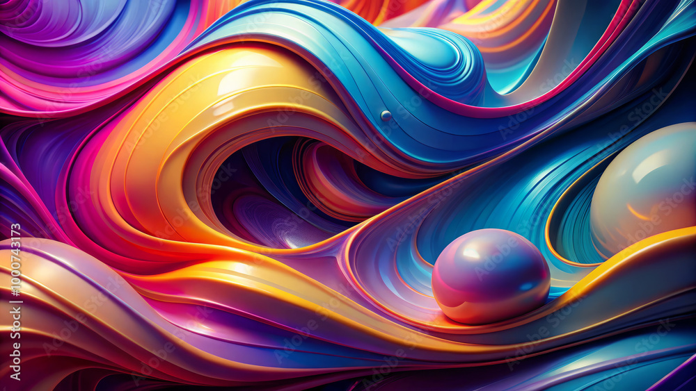 Vibrant fluid shapes create mesmerizing composition of swirling colors and glossy surfaces, evoking sense of dynamic movement and artistic expression