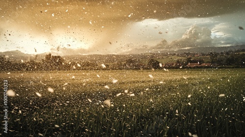 Sudden Chaos: Realistic Hailstorm Ravages Rural Landscape with Large Hailstones - Extreme Weather Concept photo