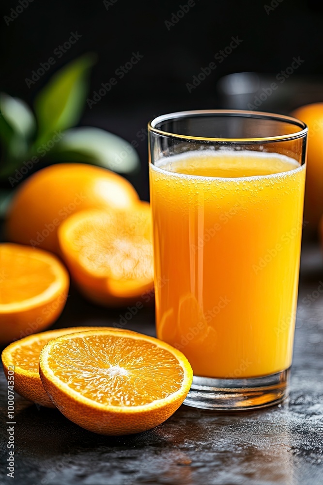 Orange juice and slices of orange on background .generative ai Orange juice and slices of orange on background .generative ai