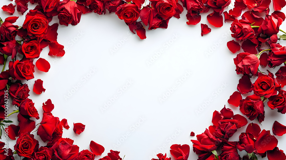 A heart-shaped blank sign bordered with vibrant red roses and scattered petals, evoking a romantic vibe A heart-shaped blank sign bordered with vibrant red roses and scattered petals, evoking a romantic vibe