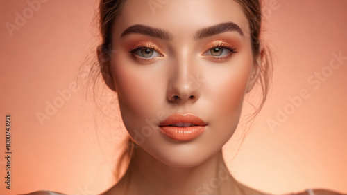 Luscious woman with nourishing lip balm conditioning oils juicy shine blurred peach background