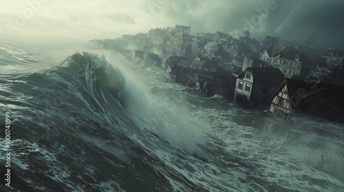 Cataclysmic Tidal Wave Devastating Coastal Town - Realistic Natural Disaster Simulation photo