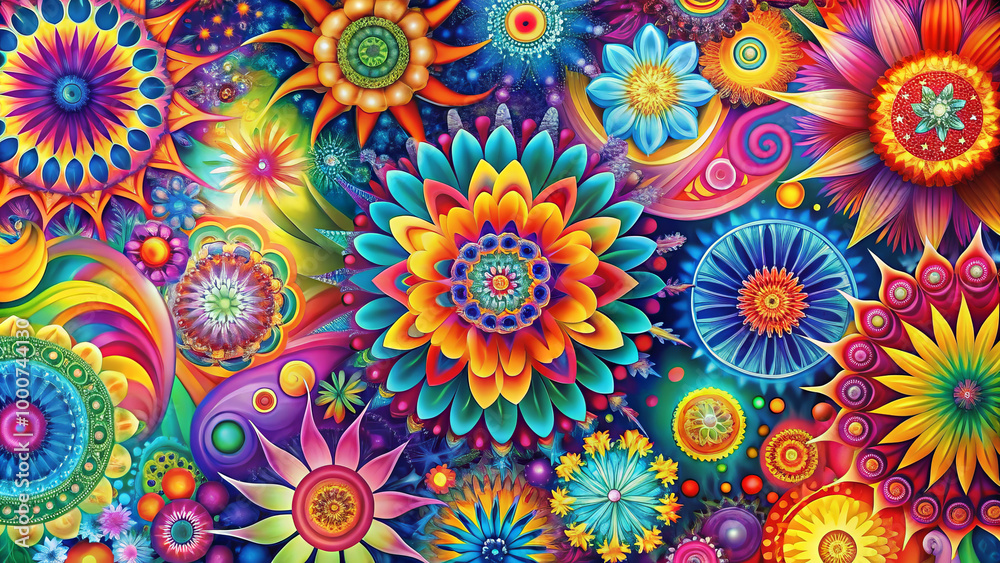Vibrant floral patterns in bright hues create mesmerizing abstract design, showcasing kaleidoscope of colors and shapes that evoke joy and creativity Vibrant floral patterns in bright hues create mesmerizing abstract design, showcasing kaleidoscope of colors and shapes that evoke joy and creativity