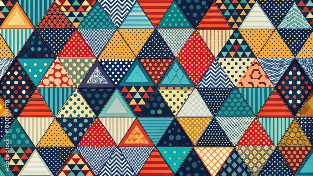 Geometric shapes with bold patterns create vibrant and dynamic visual experience. colorful triangles and varied designs evoke sense of creativity and playfulness Geometric shapes with bold patterns create vibrant and dynamic visual experience. colorful triangles and varied designs evoke sense of creativity and playfulness