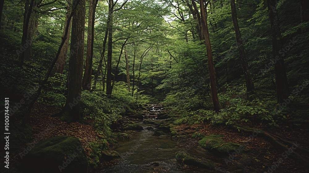 Obraz premium A small stream flows through a dense, lush forest, with sunlight filtering through the canopy.
