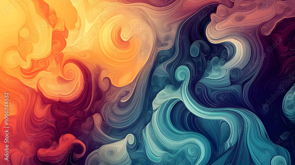 A vibrant abstract painting with swirling, colorful patterns in shades of red, orange, yellow, blue, and purple. A vibrant abstract painting with swirling, colorful patterns in shades of red, orange, yellow, blue, and purple.