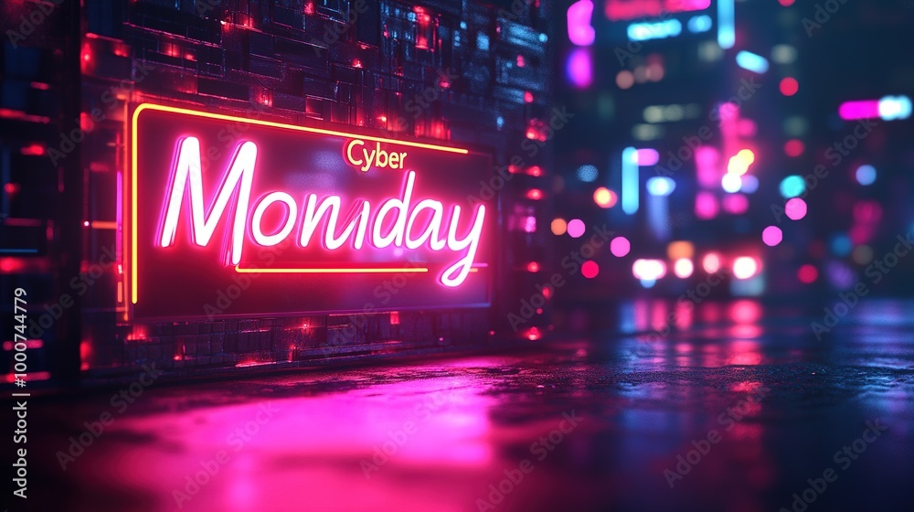 Neon Cyber Monday sign glowing in futuristic cityscape Neon Cyber Monday sign glowing in futuristic cityscape