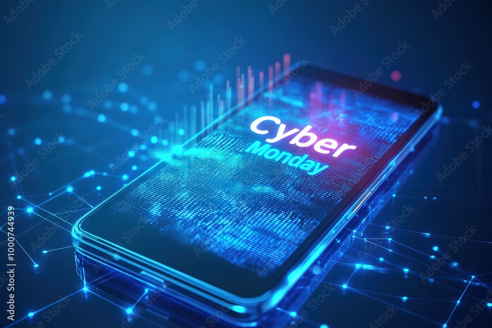 Smartphone with glowing Cyber Monday text and digital network Smartphone with glowing Cyber Monday text and digital network