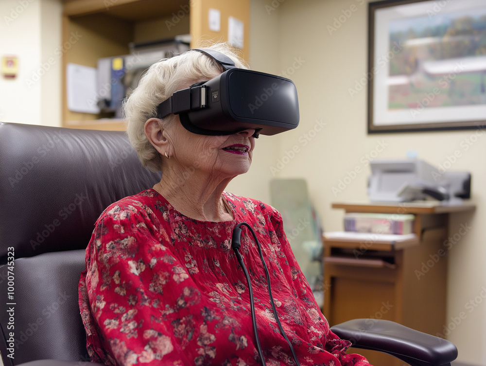 Senior woman experiencing virtual reality in a comfortable setting Senior woman experiencing virtual reality in a comfortable setting