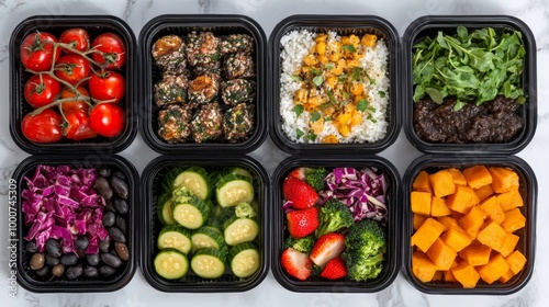 A row of plastic containers filled with a variety of vegetables and fruits