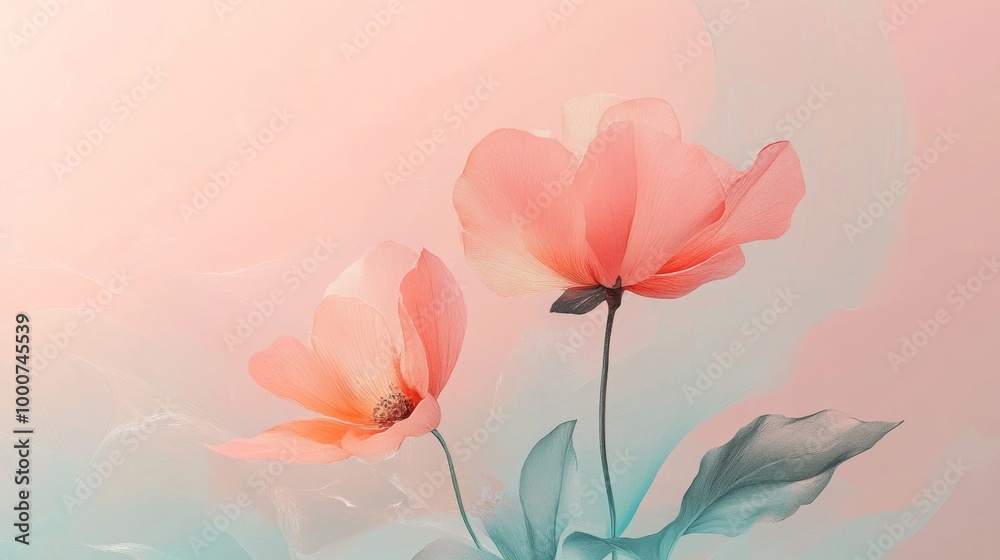 Fototapeta premium A painting of two pink flowers on a pink background