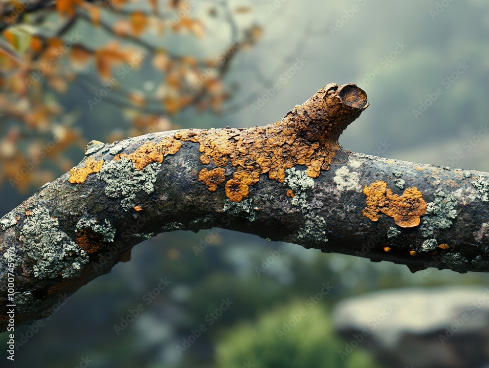 Lichen Covered Tree Branch in a Misty Forest Lichen Covered Tree Branch in a Misty Forest