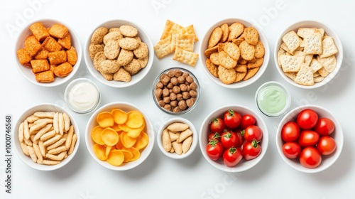 A variety of snacks and vegetables are displayed in white bowls