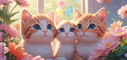 Cute Cats Playing in Kawaii Background with Pastel Colors