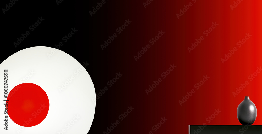 Minimalist illustration featuring a red circle on a white disk and a black vase on a table Minimalist illustration featuring a red circle on a white disk and a black vase on a table
