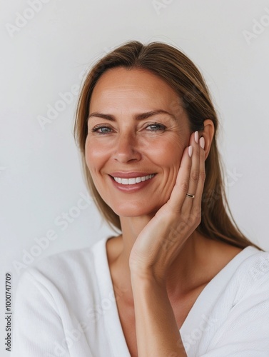 Happy middle aged 40 years old woman applying facial anti age skincare cream on face isolated on white background. Smiling mature beautiful female model advertising skin care product.