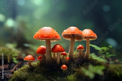 small mushrooms macro / nature forest, strong increase in poisonous mushrooms mold Generative AI