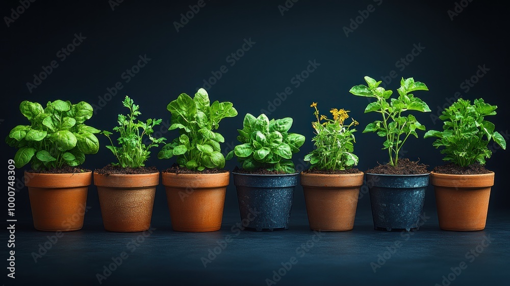 A row of potted herbs showcasing vibrant green foliage. A row of potted herbs showcasing vibrant green foliage.