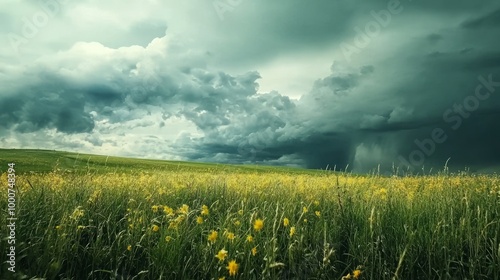 Nature's Drama Unfolds: Moody Meadow Scene before Thunderstorm with Dark Clouds and Blustery Wind