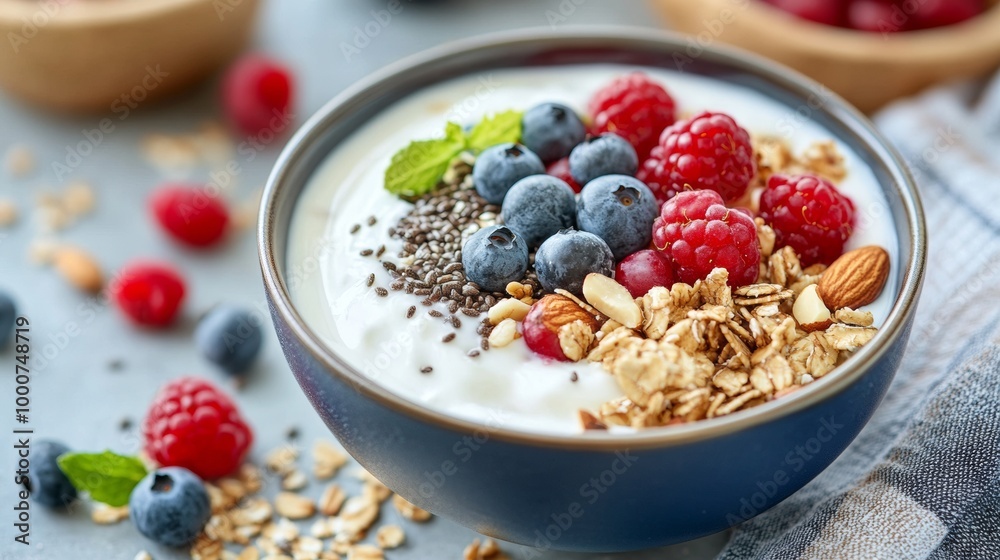 A bowl of yogurt with blueberries and raspberries on top A bowl of yogurt with blueberries and raspberries on top