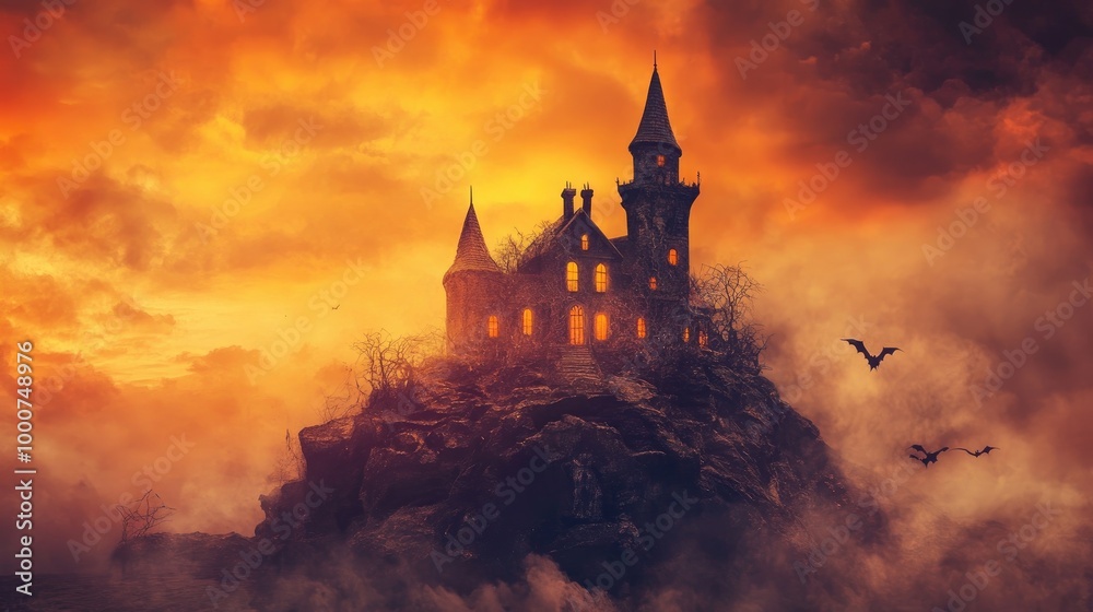 Vibrant Halloween rocks shaped like a haunted house, contrasted against a dramatic orange and black Halloween sky with foggy accents Vibrant Halloween rocks shaped like a haunted house, contrasted against a dramatic orange and black Halloween sky with foggy accents