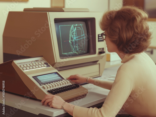 Woman Working on a Vintage Computer with Technical Graphics