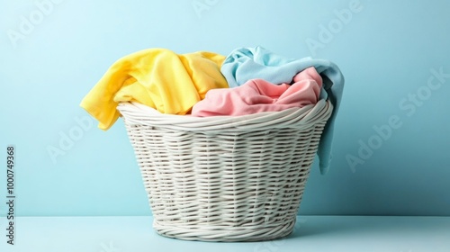 A basket full of clothes is sitting on a blue wall