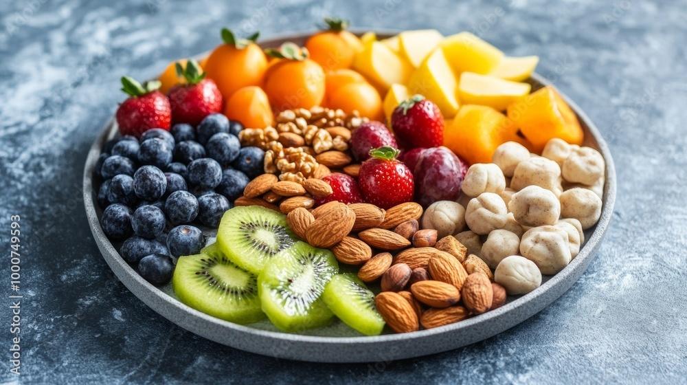 A plate of assorted fruits and nuts is displayed on a counter A plate of assorted fruits and nuts is displayed on a counter