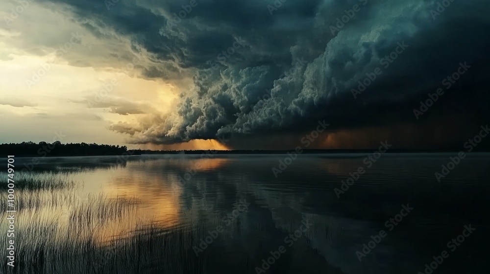 Dramatic Storm Clouds Gathering Over Serene Lake, Reflecting in Water